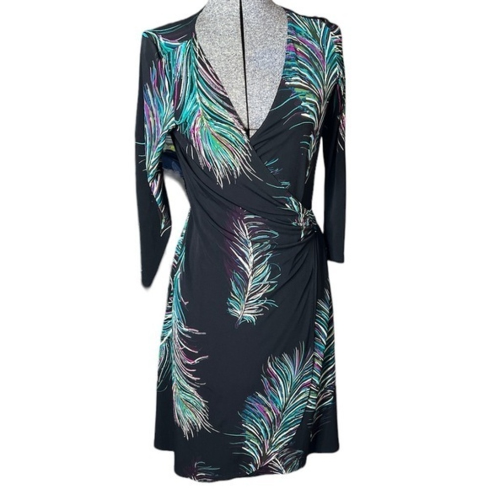 Lily wrap black and colorful feathers dress, small